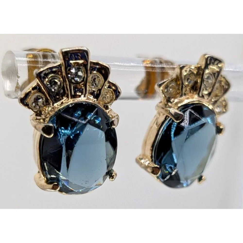 Vintage Blue Glass Stud Earrings Clear Rhinestone Crown Gold Tone Pierced 15mm